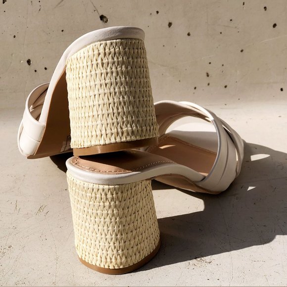 NEW Multi Crisscross Straps Natural Raffia Oval Block Heel Slip On Slide Sandals - Picture 4 of 12